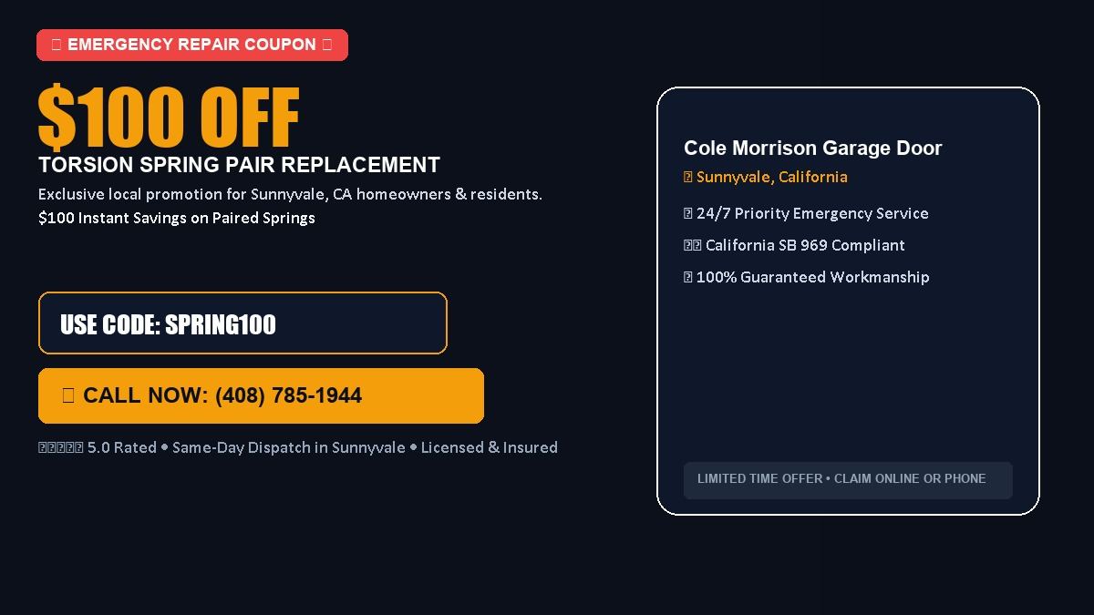 Cole Morrison Garage Door Services $100 OFF Dual Torsion Spring Replacement in Sunnyvale, CA